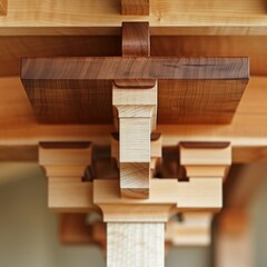 Closeup of precision woodworking, showcasing intricate joinery between light and dark wood. Concept for traditional craftsmanship, architectural detail, and custom furniture design.