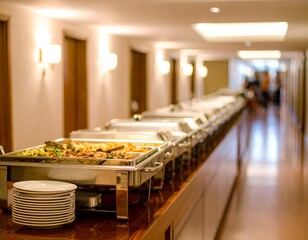 Long line of silver chafing dishes filled with food on a wooden counter ready for serving