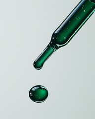 Macro of a glass pipette dripping green serum or oil. Minimalist grey background, ideal for beauty, skincare, science, laboratory, or cosmetic concepts.