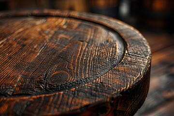 Macro of rustic dark wood texture. Close-up of an old, weathered wooden cutting board or stool edge with deep grain. Ideal for farmhouse style, product display, tabletops, or vintage interior design 
