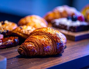 Close up of a golden brown flaky croissant resting on a dark wooden surface with other pastries visible