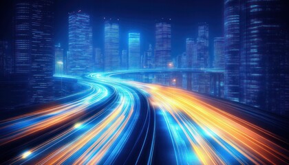 Futuristic cityscape at night with illuminated skyscrapers and vibrant blue and orange light trails on a curving elevated highway creating a dynamic sense of speed and motion