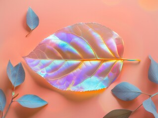 Holographic iridescent leaf on a peach-pink background, accented with small blue leaves. Modern, soft, and ethereal aesthetic for wallpaper, cosmetic, or fashion backdrop.