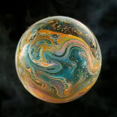 Macro abstract glass orb with colorful swirling liquids and bubbles. Magical crystal ball with marbled paint texture on dark, smoky background. Ideal for fluid art, fantasy concepts, or creative backg