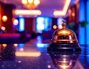 Close up of a shiny brass service bell on a dark reflective counter in a dimly lit reception area