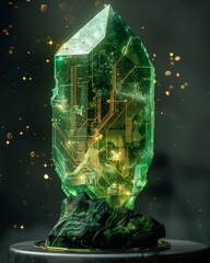 Green crystal with an embedded golden circuit board, surrounded by glowing particles. Futuristic tech concept for data processing or an energy core. Ideal for sci-fi, innovation, or abstract backgroun