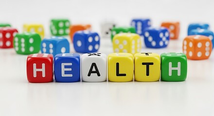 Obraz premium The word health spelled out with colorful dice on a white surface, symbolizing wellbeing, healthcare, and the importance of making healthy choices in life
