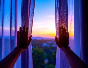 Two hands parting sheer curtains reveals a vibrant sunset view over distant hills and trees