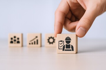Quality Control Inspection: Hand Placing Wooden Block with Inspector Icon for Production Optimization