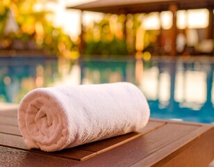 Rolled white terry towel resting on a wet wooden surface beside a swimming pool outdoors