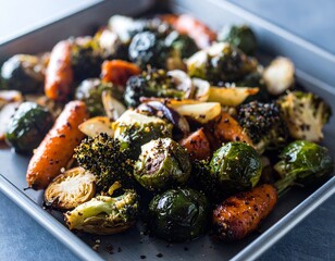 Roasted carrots Brussels sprouts and broccoli medley cooked on a metal baking sheet