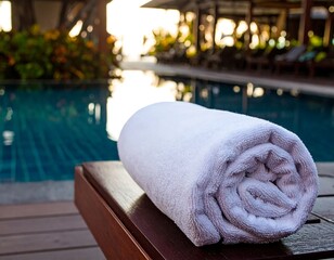 Rolled white terry cloth towel resting on a dark wooden sun lounger beside a bright swimming pool