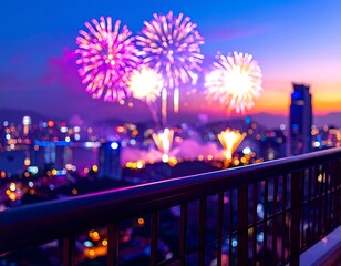 Vibrant pink and white fireworks explode over a blurred city skyline viewed from a balcony railing