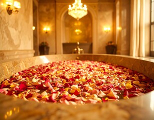 Luxurious marble bathtub filled with red and yellow rose petals in an elegant room
