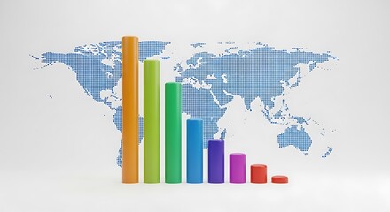 Colorful bar graph with world map background, illustrating global economic trends, financial analysis, and statistical data representation isolated on white background