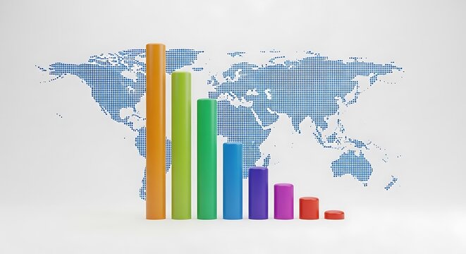 Colorful bar graph with world map background, illustrating global economic trends, financial analysis, and statistical data representation isolated on white background
