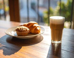Warm morning sunlight highlights a plate with a croissant and muffin beside a foamy latte