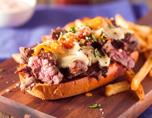 Gourmet steak sandwich topped with melted cheese and peppers served with golden french fries on wood