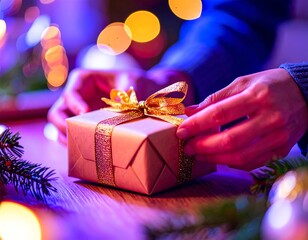 Hands adjusting a gold ribbon on a neatly wrapped pink gift box with festive bokeh lights