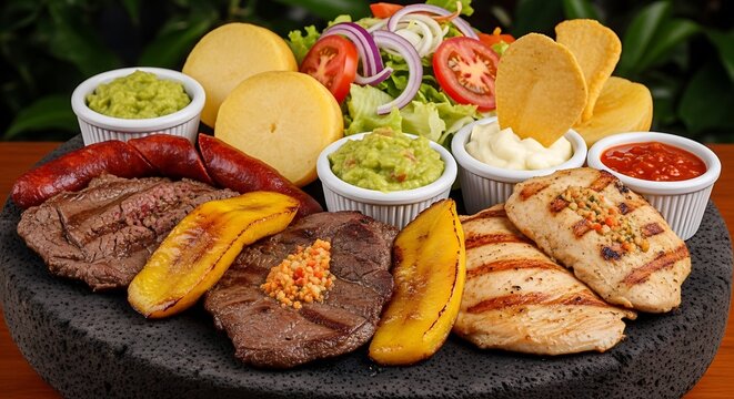 A delightful parrillada featuring grilled meats, sausages, plantains, and a fresh salad, showcasing a flavorful and diverse culinary experience on a stone plate