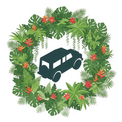 Dark Teal SUV Vehicle Surrounded by Lush Green Tropical Foliage and Bright Orange Flowers in a Circular Wreath Design with a Transparent Background