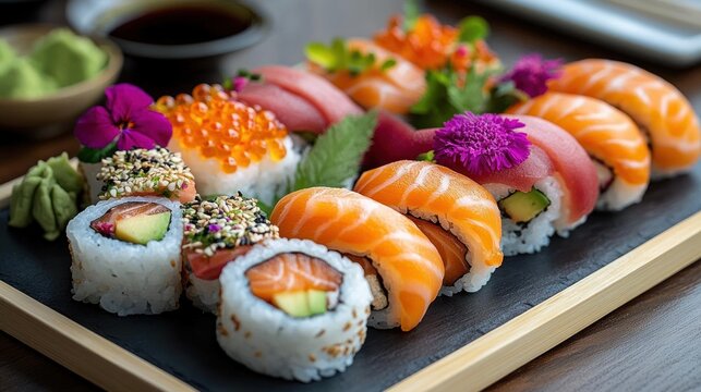 Close-up of assorted sushi rolls on a wooden tray, featuring salmon, tuna, avocado, fish roe, sesame seeds, and edible flowers with wasabi and soy sauce in the background