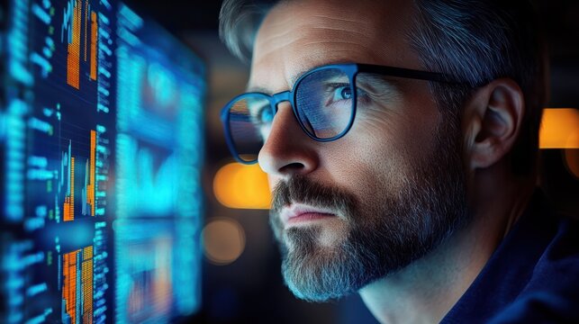 Focused man with glasses analyzing data charts and financial information on multiple bright computer screens in a dark environment