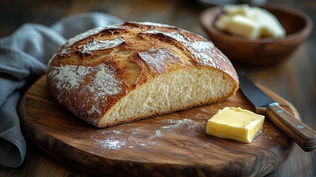 Close-up of freshly baked rustic loaf of bread sliced on wooden board with a pat of butter and butter knife nearby - Powered by Adobe