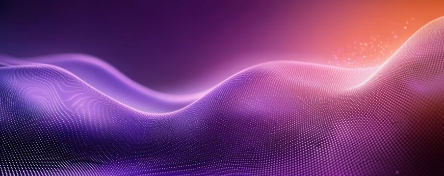 Smooth flowing wave composed of glowing purple particles against a warm gradient orange background creating a futuristic and dynamic atmosphere