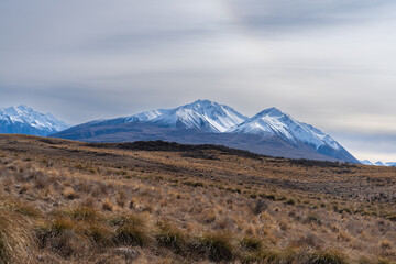 Views of alpine tussock land and mountains on  shore of Lake Clearwater from the circuit track around the lake