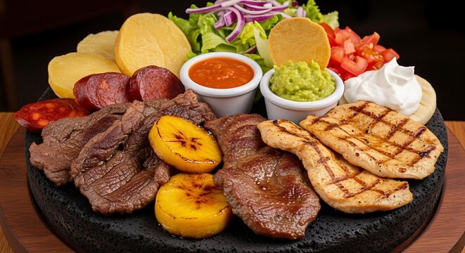 Delicious parrillada platter featuring grilled meats, sausages, plantains, and an assortment of accompaniments like guacamole, salsa, and sour cream, served on a rustic stone plate