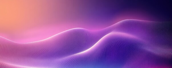 Abstract digital wave landscape with smooth flowing curves and vibrant gradient colors of purple, pink, and orange creating a futuristic and serene mood