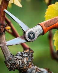 Close-up of gardening shears cutting a branch from a vine with green blurred background and yellow leaves