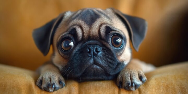 close-up of a small pug puppy with large sad eyes resting its head and paws on a soft surface expressing innocence and curiosity