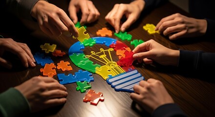 Collaborative minds unite to assemble a vibrant lightbulb puzzle, symbolizing teamwork, innovation, and the power of shared ideas in a creative problemsolving endeavor