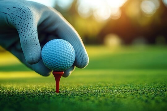 Close-up of a gloved hand placing a white golf ball on a red tee on green grass with a blurred sunlit background