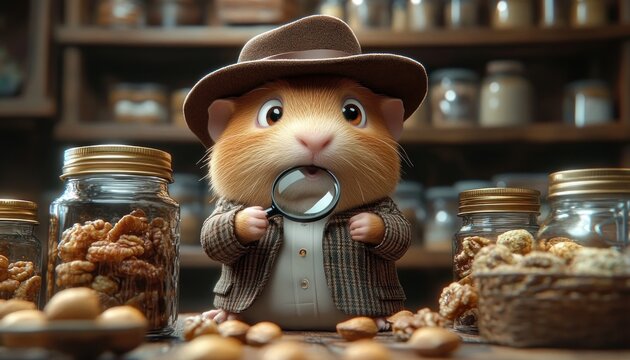 Adorable guinea pig dressed as a detective holding a magnifying glass surrounded by jars and baskets of nuts in a cozy wooden pantry - Powered by Adobe