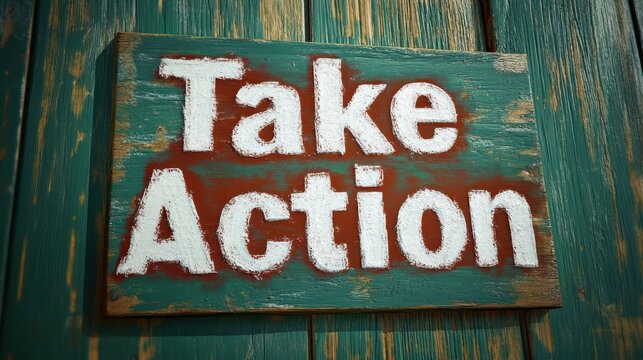 Rustic wooden sign with bold white letters reading Take Action mounted on a weathered teal wooden surface, evoking motivation and urgency