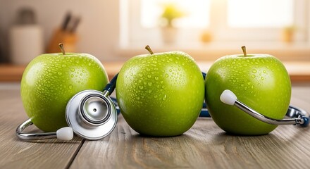 Three vibrant green apples, adorned with water droplets, are arranged alongside a stethoscope on a wooden surface, symbolizing health, wellness, and medical care