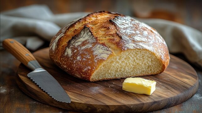 Freshly baked round loaf of rustic bread on wooden cutting board with a slice of butter and serrated knife in a cozy setting