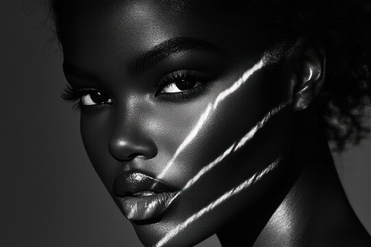 Close-up black and white portrait of a woman with smooth skin, glossy lips, and intense eyes highlighted by diagonal light stripes on her face