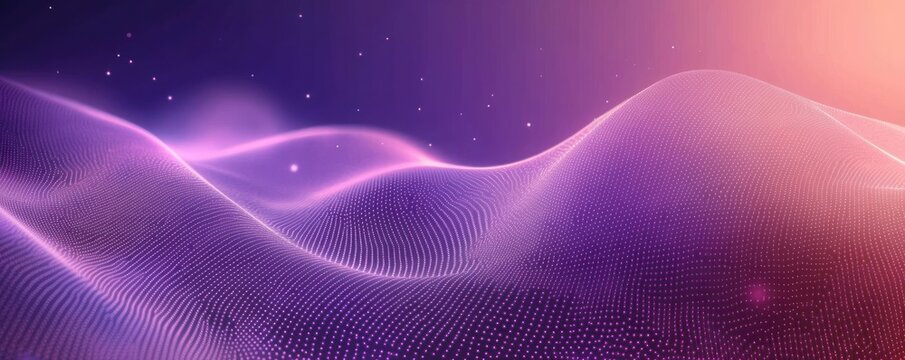 Abstract digital landscape with flowing waveforms and glowing purple particles creating a futuristic and dynamic visual effect under soft diffused light