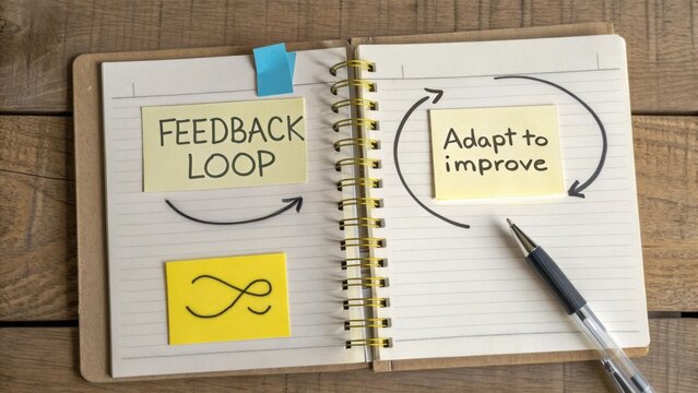 Creative notebook with sticky notes on feedback loop and improvement strategy for effective brainstorming sessions