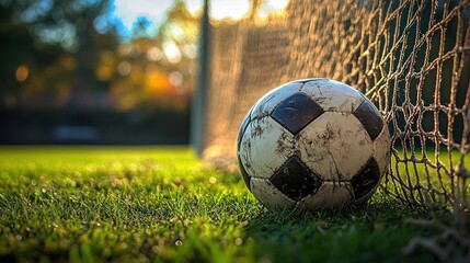 Worn soccer ball resting against the net on a green grass field during golden hour with blurred background