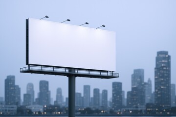 Obraz premium Blank Billboard Mockup Overlooking City Skyline at Dusk, Perfect for Advertising and Marketing Campaigns