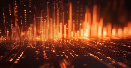 Glowing orange digital cityscape with abstract skyscrapers and illuminated circuitry patterns conveying futuristic technology and innovation