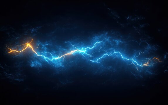 Dynamic electric lightning bolts with bright blue and orange hues striking across a dark stormy background conveying intense energy