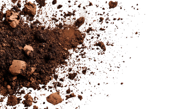 Close-up of scattered brown soil, earth tones against a black background