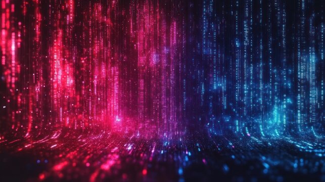 Abstract digital landscape with cascading streams of glowing red and blue binary code creating a futuristic and dynamic atmosphere