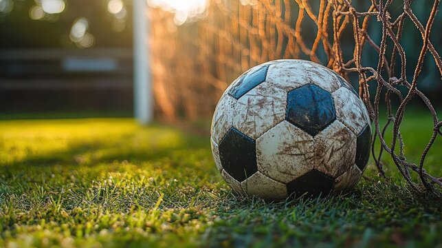 Worn soccer ball resting against the goal net on green grass field during golden hour with soft sunlight in background